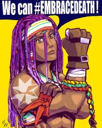 Rule 34 | 1girl, braid, brown eyes, dark-skinned female, dark skin, darli dagger, female focus, fist up, gloves, hair ornament, leather, long hair, muscular arms, purple hair, samurai spirits, slogan, taurence bell, the king of fighters