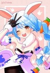 Rule 34 | 1girl, ;d, animal ear fluff, animal ears, arm up, bare shoulders, black gloves, black leotard, blue hair, bow, braid, breasts, brown eyes, brown pantyhose, carrot hair ornament, commentary request, detached sleeves, don-chan (usada pekora), dress, food-themed hair ornament, fur-trimmed dress, fur-trimmed gloves, fur trim, gloves, hair bow, hair ornament, highres, hololive, kiritoma, leotard, long hair, looking at viewer, one eye closed, open mouth, pantyhose, pink background, puffy short sleeves, puffy sleeves, rabbit-shaped pupils, rabbit ears, short sleeves, signature, small breasts, smile, solo, strapless, strapless dress, strapless leotard, symbol-shaped pupils, twin braids, twintails, usada pekora, usada pekora (1st costume), very long hair, virtual youtuber, w, white bow, white dress, white sleeves