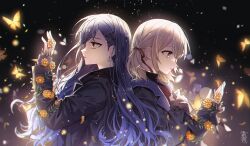 2girls blonde_hair blue_hair blurry brown_eyes bug butterfly character_request chromatic_aberration commentary_request depth_of_field earrings flower from_side glowing hair_ornament hair_ribbon hairclip insect jacket jewelry long_hair long_sleeves multiple_girls ponytail profile project_sekai red_ribbon ribbon side_ponytail soha_blan star_(symbol) star_earrings very_long_hair yellow_flower