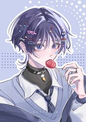 Rule 34 | 1boy, alternate costume, artist name, black choker, black jacket, black shirt, black undershirt, blue necktie, blunt ends, cat hair ornament, choker, collared shirt, contemporary, covered collarbone, ear piercing, earrings, eyelashes, eyeliner, eyes visible through hair, eyeshadow, feathers, genshin impact, grey sweater vest, hair intakes, hair ornament, hair over eyes, hairclip, heart, heart hair ornament, highres, jacket, jewelry, lollipop in mouth, long sleeves, looking at viewer, makeup, male focus, necktie, off shoulder, outline, piercing, plaid clothes, plaid necktie, polka dot, polka dot background, pom pom (clothes), purple background, purple eyes, purple hair, red eyeliner, red eyeshadow, scaramouche (cat) (genshin impact), scaramouche (genshin impact), school uniform, shirt, solo, sweater vest, turtleneck, turtleneck shirt, white outline, white shirt, white sleeves, wispy bangs, yellow feathers, zeefax u