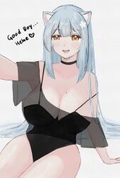 Rule 34 | 1girl, absurdres, bada neko, badaneko art, black choker, black shirt, blue hair, breasts, cat girl, choker, english text, highres, indie virtual youtuber, large breasts, long hair, self-portrait, shirt, solo, white background, yellow eyes
