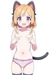 1girl animal_ear_headphones animal_ears blonde_hair blue_archive blush bow breasts cat_ears cat_tail commentary covering_breasts covering_privates english_commentary fake_animal_ears headphones highres loli looking_at_viewer mnkr98 momoi_(blue_archive) navel open_mouth panties pink_eyes red_bow simple_background small_breasts solo striped_clothes striped_panties tail thighhighs underwear white_background