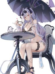 1girl absurdres belle_(zenless_zone_zero) bikini black_bikini breasts cleavage cup hamu_(hvmzld123) highres holding holding_cup large_breasts long_hair looking_at_viewer mole mole_under_eye navel on_chair purple_hair red_eyes sandals simple_background sitting solo stomach swimsuit teapot thigh_strap toes umbrella very_long_hair vivian_(zenless_zone_zero) white_background wise_(zenless_zone_zero) zenless_zone_zero