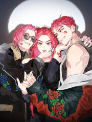 1girl 2boys abby_(kpop_demon_hunters) alternate_costume angry annoyed arms_behind_back bare_shoulders black_nails bracelet brown_eyes clenched_teeth collarbone collared_shirt curly_hair fangs from_above group_sex hand_on_another&#039;s_chin happy head_tilt heads_together hetero highres holding_hands indoors jacket jewelry korean_commentary kpop_demon_hunters leaning_on_person leaning_to_the_side lipstick_mark lipstick_mark_on_face lipstick_mark_on_neck long_hair long_sleeves looking_at_viewer looking_down looking_to_the_side mira_(kpop_demon_hunters) mmf_threesome multiple_boys multiple_rings muscular muscular_male ng_do168 off_shoulder open_clothes open_jacket parted_bangs parted_lips pink_hair red_hair red_lips ring romance_(kpop_demon_hunters) shade shadow shirt short_hair sleeveless smile spotlight standing sunglasses tank_top teeth threesome twintails upper_body wavy_hair