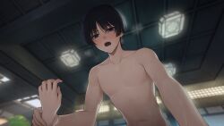 1boy 1girl black_hair blurry blurry_background blush breath female_pov genshin_impact hair_between_eyes hetero highres ia_(ias1010) indoors looking_at_viewer lumine_(genshin_impact) male_focus no_nipples nude open_mouth pov scaramouche_(genshin_impact) solo_focus topless_male wet
