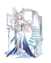 1girl absurdres alternate_costume bare_shoulders blonde_hair blue_eyes blue_hair blue_nails breasts center_opening colored_inner_hair commentary_request covered_navel crown_of_thorns fleurdelys_(wuthering_waves) full_body hair_spread_out high_heels highres horns jewelry korean_commentary large_breasts long_hair multicolored_hair nail_polish necklace parted_bangs rael_(arca_12963745) shoes single_horn solo thighhighs thighs white_shoes white_thighhighs wuthering_waves