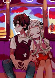 1boy 1girl alternate_costume alternate_universe backlighting backpack bag bag_on_lap black_bag breasts denim evening feet_out_of_frame hanako_(jibaku_shounen_hanako-kun) handbag hanoyuta highres holding jeans jibaku_shounen_hanako-kun leaning_on_person looking_to_the_side multicolored_sky no_headwear official_art pants red_bag shoulder-to-shoulder side-by-side sitting sky sleeping sleeping_upright small_breasts straight-on train_interior two-handed yashiro_nene