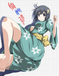10s 1girl ahoge araragi_tsukihi ass bad_feet bakemonogatari barefoot black_hair blush breasts egg_(food) female_focus food fried_egg green_eyes hair_ornament japanese_clothes kimono lying mister_(black_and_white) monogatari_(series) nisemonogatari short_hair smile solo