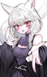 1girl absurdres animal_ears ascot bare_shoulders black_dress black_nails braid breasts cat_ears cat_girl commission double_w dress facial_mark final_fantasy final_fantasy_xiv heart highres jacket jacket_partially_removed kcc_9646 looking_at_viewer miqo&#039;te red_eyes skeb_commission sleeveless sleeveless_dress solo twin_braids twitter_username w warrior_of_light_(ff14) whisker_markings white_hair