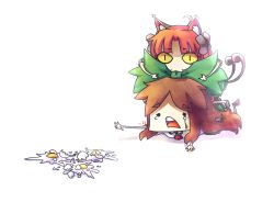 2girls :3 ahoge animal_ears biting bow brown_hair cat_ears cat_girl cat_tail claws d: daigada egg female_focus hair_bow hair_ribbon head_biting kaenbyou_rin multiple_girls multiple_tails open_mouth reaching red_hair reiuji_utsuho ribbon slit_pupils tail tears third_eye touhou white_background yellow_eyes