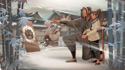 Rule 34 | 1girl, 4boys, archery, bamboo, bandal, black pants, bow (weapon), brown hair, caramel arrow cookie, cookie run, crunchy chip cookie, dark cacao cookie, drawing bow, highres, holding, holding bow (weapon), holding weapon, multicolored hair, multiple boys, on one knee, outdoors, outstretched arm, pants, ponytail, quiver, streaked hair, weapon, winter, yellow eyes
