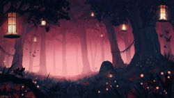 bug butterfly commission fantasy fireflies fog forest grass insect landscape lantern light_particles magic nature no_humans original painterly rock rope scenery shimenawa tree wopgnop