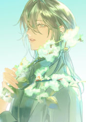 1girl black_hair black_skirt blue_sky branch bright_pupils chief_(path_to_nowhere) coat coat_on_shoulders collared_coat collared_shirt cotton_(plant) day expressionless female_chief_(path_to_nowhere) grey_coat grey_eyes hair_between_eyes highres holding holding_branch lapels leaf lips long_hair long_sleeves nostrils outdoors parted_lips path_to_nowhere pink_lips pointy_nose shirt skirt sky sleeve_cuffs solo teeth toho10min turtleneck turtleneck_shirt undershirt upper_body white_pupils