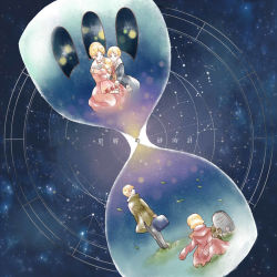 1boy 2girls age_progression aged_down artesia_som_deikun astraia_tor_deikun blonde_hair blue_eyes casval_rem_deikun char_aznable child closed_eyes dress gundam highres hourglass hug mobile_suit_gundam mobile_suit_gundam_the_origin mother_and_daughter mother_and_son multiple_girls sayla_mass short_hair shorts smile star_(sky) starry_sky_background tombstone