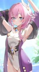 Rule 34 | 1girl, adapted costume, armpits, arms up, blue eyes, blue sky, blush, breasts, chuuna (unagiunazy), cleavage, coat, commentary request, cyrene (honkai: star rail), hair ornament, highres, honkai: star rail, honkai (series), jewelry, medium hair, multicolored hair, necklace, one-piece swimsuit, paid reward available, pink hair, presenting armpit, purple coat, sky, smile, solo, swimsuit, thighs, two-tone hair, water, white hair, white one-piece swimsuit