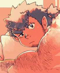 1boy andvari_(housamo) bara closed_mouth commentary_request dark-skinned_male dark_skin dwarf facial_hair film_grain hairy head_rest higemorigen highres long_sideburns male_focus muscular muscular_male nude on_bed orange_theme pillow pink_theme pointy_ears short_hair sideburns solo stubble thick_eyebrows tokyo_houkago_summoners uneven_eyes upper_body v-shaped_eyebrows