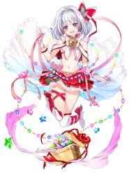 1girl baizu_(guszx) bare_shoulders blue_eyes blush boots bow box breasts full_body gem gift gift_box gloves hair_ornament head_tilt keyhole leg_up looking_at_viewer miniskirt navel open_mouth red_ribbon ribbon shironeko_project short_hair simple_background skirt smile solo thighs tina_topia white_background white_boots