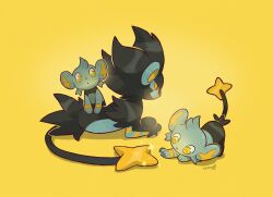 black_fur blue_fur evolutionary_line gen_4_pokemon highres luxray nintendo no_humans pokemon pokemon_(creature) shinx signature squeegool two-tone_fur yellow_background yellow_eyes