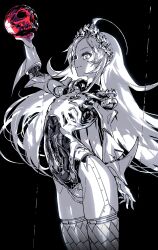Rule 34 | 1girl, ahoge, android, commentary request, flat chest, hairband, highres, holding, holding skull, jnt, long hair, mechabare, monochrome, original, skull, smile, solo, spot color, very long hair