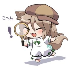 ! 1girl :3 :d animal_ear_fluff animal_ears barefoot blush brown_hair brown_hat chibi chibi_only closed_eyes commentary_request fox_ears fox_girl fox_tail full_body green_ribbon hat holding holding_magnifying_glass ko~n kudamaki_tsukasa magnifying_glass neck_ribbon newsboy_cap open_mouth ribbon rokugou_daisuke short_hair short_sleeves signature simple_background sleeve_ribbon smile solo tail touhou white_background white_romper