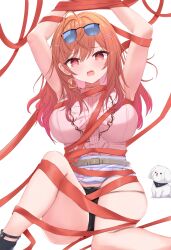 1girl @_@ absurdres ahoge ana_(vvvvor) armpits arms_up belt black-framed_eyewear black_panties blue_skirt blush breasts center_frills cleavage colored_inner_hair dog earrings eyewear_on_head frills gold_earrings hair_ornament hairpin highres hololive hololive_dev_is ichijou_ririka ichijou_ririka_(1st_costume) jewelry large_breasts multicolored_hair open_mouth orange_eyes orange_hair panties pink_shirt red_ribbon ribbon shirt single_earring skirt sleeveless sleeveless_shirt sunglasses underwear virtual_youtuber white_background white_belt