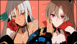 2girls amazuki_jou azur_lane breasts brown_eyes cleavage closed_mouth collarbone dark-skinned_female dark_skin facial_mark forehead_mark gloves hair_between_eyes hand_on_another&#039;s_cheek hand_on_another&#039;s_face heart highres jean_bart_(azur_lane) long_sleeves multiple_girls pink_background pink_eyes red_gloves upper_body white_hair yuri