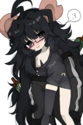 1girl ahoge animal_ears bad_link bags_under_eyes beer_bottle black-framed_eyewear black_eyes black_hair blush drugs_neko flat_chest highres huge_ahoge indie_virtual_youtuber large_ears long_hair long_sleeves messy_hair mesugaki mole mole_under_mouth mouse_(animal) mouse_ears mouse_girl petite rectangular_eyewear ririgaki sleepy virtual_youtuber