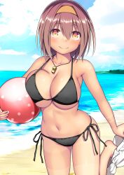 1girl absurdres ball barefoot beach beachball bikini bikini_tan black_bikini blue_sky blush breasts brown_hair closed_mouth clothes_pull cloud day hair_between_eyes hairband highres holding holding_ball holding_beachball kantai_collection kuromayu large_breasts looking_at_viewer ocean orange_hairband outdoors shiratsuyu_(kancolle) short_hair shorts shorts_pull side-tie_bikini_bottom sky smile solo swimsuit tan tanline water whistle whistle_around_neck white_shorts