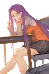 1girl absurdres black_bag black_skirt brown_sweater_vest chair curtained_hair elbows_on_table fate/stay_night fate_(series) glasses hand_on_own_chin highres holding holding_pen homurabara_academy_school_uniform li_kha long_hair looking_at_viewer medusa_(fate) medusa_(rider)_(fate) on_chair pen pleated_skirt purple_eyes purple_hair school_uniform shirt simple_background skirt solo sweater_vest table twitter_username white_background white_shirt