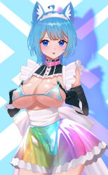 1girl absurdres ahoge alternate_costume animal_ear_piercing animal_ears bell belt bikini black_gloves blue_background blue_bikini blue_eyes blue_hair blush breasts buren closed_mouth covered_erect_nipples cowboy_shot crotch_zipper dog_ears dog_girl earrings elbow_gloves enmaided gloves hair_ornament heart heart_earrings highres iridescent jewelry large_breasts looking_at_viewer maid maid_bikini maid_headdress medium_hair nanashi_inc. neck_bell pink_belt sash see-through_clothes see-through_skirt shadow single_earring skirt smile solo souya_ichika strap_pull swimsuit tongue tongue_out unconventional_maid virtual_youtuber white_background white_sash wolf_cut x_hair_ornament