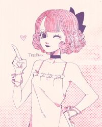 1girl armpit_peek bare_shoulders black_bow black_choker black_eyes black_lips bow bracelet chika_(vocaloid) choker closed_mouth collarbone dress hair_bow hand_on_own_hip heart heart_background heart_bracelet highres index_finger_raised jewelry multiple_bracelets one_eye_closed patterned_background pink_hair pink_nails short_hair smile solo treebarkagain vocaloid wavy_hair white_dress