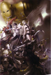1girl 6+boys absurdres angel angel_(megami_tensei) angel_wings archangel_(megami_tensei) ares atlus black_hair bondage_outfit colored_skin demi-fiend demon_(megami_tensei) epic fighting full-body_tattoo grabbing_another&#039;s_face grabbing_another&#039;s_hair head_grab highres kazuma_kaneko male_focus multiple_boys non-web_source official_art oni oni_(megami_tensei) pile_of_corpses red_skin scan shin_megami_tensei shin_megami_tensei_iii:_nocturne shorts sword taraka tattoo titan topless_male weapon wings yaksini