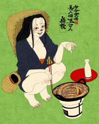1girl absurdres alcohol artist_logo barefoot black_hair black_kimono bottle breasts brown_eyes cleavage cup fish food green_background highres holding holding_cup japanese_clothes kimono logo original sakazuki sake sake_bottle sei5osuzuki shimane_prefecture solo squatting