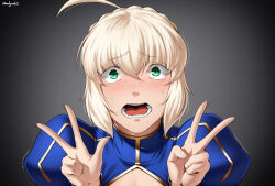 1girl ahoge artoria_pendragon_(fate) blonde_hair braid cleavage_cutout clothing_cutout commentary english_commentary fate/grand_order fate/stay_night fate_(series) green_eyes open_mouth pose_imitation saber_(fate) sidelocks signature solo sweat sweatdrop teeth type-moon v w zealyush