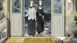 5girls bag bird black_shoes blonde_hair blue_eyes blue_skirt blue_umbrella book brown_shoes chicken clumsy_nun_(diva) commentary diva_(hyxpk) duck english_commentary english_text flower green_umbrella grey_hair hedge highres holding holding_bag holding_umbrella little_nuns_(diva) mother_and_daughter motion_blur multiple_girls note nun photo_(object) rain red_umbrella shirt shoes skirt smug_nun_(diva) strict_nun&#039;s_mother_(diva) strict_nun_(diva) traditional_nun umbrella white_shirt