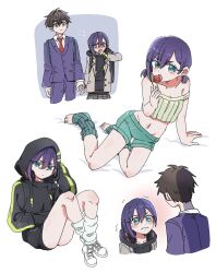 1boy 1girl alternate_costume blush breasts brown_hair candy cleavage covering_own_mouth crying_aqua_(meme) food green_eyes haraga_kurumi headphones highres holding_hands hood hoodie kimi_no_koto_ga_dai_dai_dai_dai_daisuki_na_100-nin_no_kanojo kono_subarashii_sekai_ni_shukufuku_wo! legs licking looking_at_another meme midriff multiple_views navel nervous open_mouth parody purple_hair short_hair shorts sitting small_breasts smile tank_top tears thighs trembling tsundere
