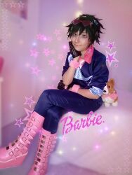 Rule 34 | boots, cosplay photo, cowboy bebop, gun, highres, holding, holding gun, holding weapon, necktie, photo (medium), spike spiegel, stuffed toy, weapon