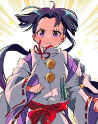 1boy determined floating_hair houjou_tokiyuki_(nige_jouzu_no_wakagimi) japanese_clothes kariginu katana light_rays long_hair long_sleeves looking_at_viewer low-tied_long_hair male_focus nige_jouzu_no_wakagimi open_mouth purple_eyes red_sash ribbon-trimmed_sleeves ribbon_trim sanamaru_(sana79261827) sash scabbard sheath sidelocks_tied_back simple_background small_sweatdrop solo straight-on sword v-shaped_eyebrows very_long_hair weapon white_background
