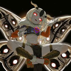1girl absurdres antennae arthropod_girl boagnnnnnnn colored_sclera commission crop_top extra_eyes flat_chest floating highres insect_girl moth_girl navel night orb original parted_lips pelvic_curtain red_sclera short_hair sky smile solo star_(sky) starry_sky white_eyes white_hair wings