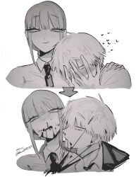 1boy 1girl absurdres arrow_(symbol) blood blood_from_mouth blood_on_face blood_spray blush chainsaw_man closed_mouth collared_shirt denji_(chainsaw_man) gaganbo_(shuuu85372871) greyscale heart highres jacket long_hair makima_(chainsaw_man) monochrome necktie ringed_eyes shirt short_hair suit_jacket sweat