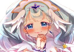 Rule 34 | 1girl, aihira (aihira12), beads, blue dress, blue eyes, blue hair, blue wrist cuffs, blunt bangs, blush, circlet, closed mouth, collared dress, colored eyelashes, cure ange, dot nose, dress, earrings, frilled dress, frilled wrist cuffs, frills, hair beads, hair ornament, hairband, happy, heart, heart hair ornament, hugtto! precure, interlocked fingers, jewelry, light particles, lipstick, long hair, magical girl, makeup, mascara, own hands clasped, own hands together, pink lips, precure, rabbit hair ornament, short sleeves, simple background, smile, solo, sparkle, upper body, very long hair, white background, white hairband, white sleeves, wing hair ornament, wrist cuffs, yakushiji saaya