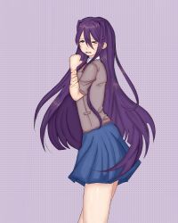 1girl blue_skirt blush caught cuts doki_doki_literature_club hair_ornament hairclip highres injury long_hair long_sleeves looking_at_viewer looking_back matching_hair/eyes open_mouth pleated_skirt purple_eyes purple_hair school_uniform self-harm simple_background skirt solo surprised sweat very_long_hair wrist_cutting yuri_(doki_doki_literature_club)