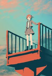 1girl absurdres aijou_karen black_shoes black_socks blue_sky brown_hair bullfalk closed_mouth collared_shirt commentary_request frown full_body grey_jacket grey_skirt hand_on_railing high_up highres jacket long_sleeves miniskirt open_clothes open_jacket pleated_skirt seishou_music_academy_uniform shirt shoes shoujo_kageki_revue_starlight skirt sky socks solo standing white_shirt