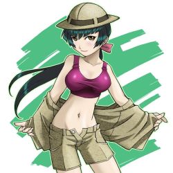 00s 1girl blush bontenmaru breasts crop_top female_focus green_hair gundam gundam_00 helmet long_hair midriff pith_helmet ponytail shirt shorts smile solo tank_top taut_clothes taut_shirt unbuttoned undressing wang_liu_mei yellow_eyes
