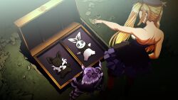 1girl animal_ears backless_dress backless_outfit bao_bao_(dokibird) blonde_hair box dokibird_(vtuber) dokibird_(vtuber)_(retro_doki) dragoon_(dokibird) dress head_wings highres indie_virtual_youtuber john_wick kale_yville long_hair mei_mei_(dokibird) nijisanji nijisanji_en parody purple_hair rabbit_ears ribbon selen_tatsuki twintails very_long_hair virtual_youtuber wig wings