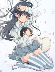 1girl aokaly basori_tiara blazer blue_background blue_bow blue_bowtie blue_eyes blue_skirt blunt_bangs blush bow bowtie character_doll closed_mouth commentary_request doll falling_petals full_body gradient_background hair_ornament hand_up heart heart-shaped_pillow highres holding holding_doll jacket kneehighs light_smile long_hair long_sleeves looking_at_viewer make_heroine_ga_oo_sugiru! messy_hair mole mole_on_neck mole_on_thigh mole_under_eye nukumizu_kazuhiko panties panty_peek petals pillow pleated_skirt school_uniform skindentation skirt socks solo striped_clothes striped_thighhighs thighhighs thighs tsuwabuki_high_school_uniform two_side_up underwear vertical-striped_clothes vertical-striped_thighhighs white_jacket white_panties winter_uniform