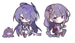 Rule 34 | 3girls, acheron (honkai: star rail), ahoge, black footwear, black shorts, chibi, chibi only, commentary request, company connection, crop top, dango, food, genshin impact, hair over one eye, holding, holding food, honkai: star rail, honkai (series), honkai impact 3rd, horns, japanese clothes, karamaru626, kimono, long hair, mihoyo, multiple girls, purple eyes, purple hair, purple kimono, raiden mei, raiden mei (herrscher of thunder), raiden shogun, red horns, sawashiro miyuki, shorts, sword, trait connection, voice actor connection, wagashi, weapon, white background