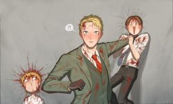 Rule 34 | 3boys, bleeding, blonde hair, blood, blood from mouth, blood in hair, blood on clothes, blood on face, blood on hands, blood splatter, blush, djosephinelee, injury, long sleeves, male focus, multiple boys, open mouth, shirt, short hair, spy x family, twilight (spy x family)
