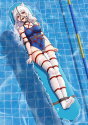 Rule 34 | absurdres, animal ear fluff, animal ears, ball gag, bdsm, blue one-piece swimsuit, blush, bondage, bound, bound arms, bound legs, breast bondage, breasts, choker, collarbone, crotch rope, gag, gag harness, gagged, highres, hitachi magic wand, long hair, looking at viewer, medium breasts, one-piece swimsuit, open mouth, pool, red eyes, restrained, saliva, sex toy, shibari, shibari over clothes, skindentation, swimsuit, t zhonglang, thighhighs, very long hair, vibrator, white hair, white thighhighs, wiffle gag