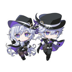 1boy 1girl artist_name black_gloves black_hat black_pants black_pantyhose black_shorts black_vest blue_eyes cape chibi cinquecento detective_(silver_palace) fedora female_detective_(silver_palace) full_body gloves grey_hair hat leg_up long_hair looking_at_viewer male_detective_(silver_palace) pants pantyhose purple_cape purple_pupils shirt short_hair shorts silver_palace standing standing_on_one_leg vest white_shirt